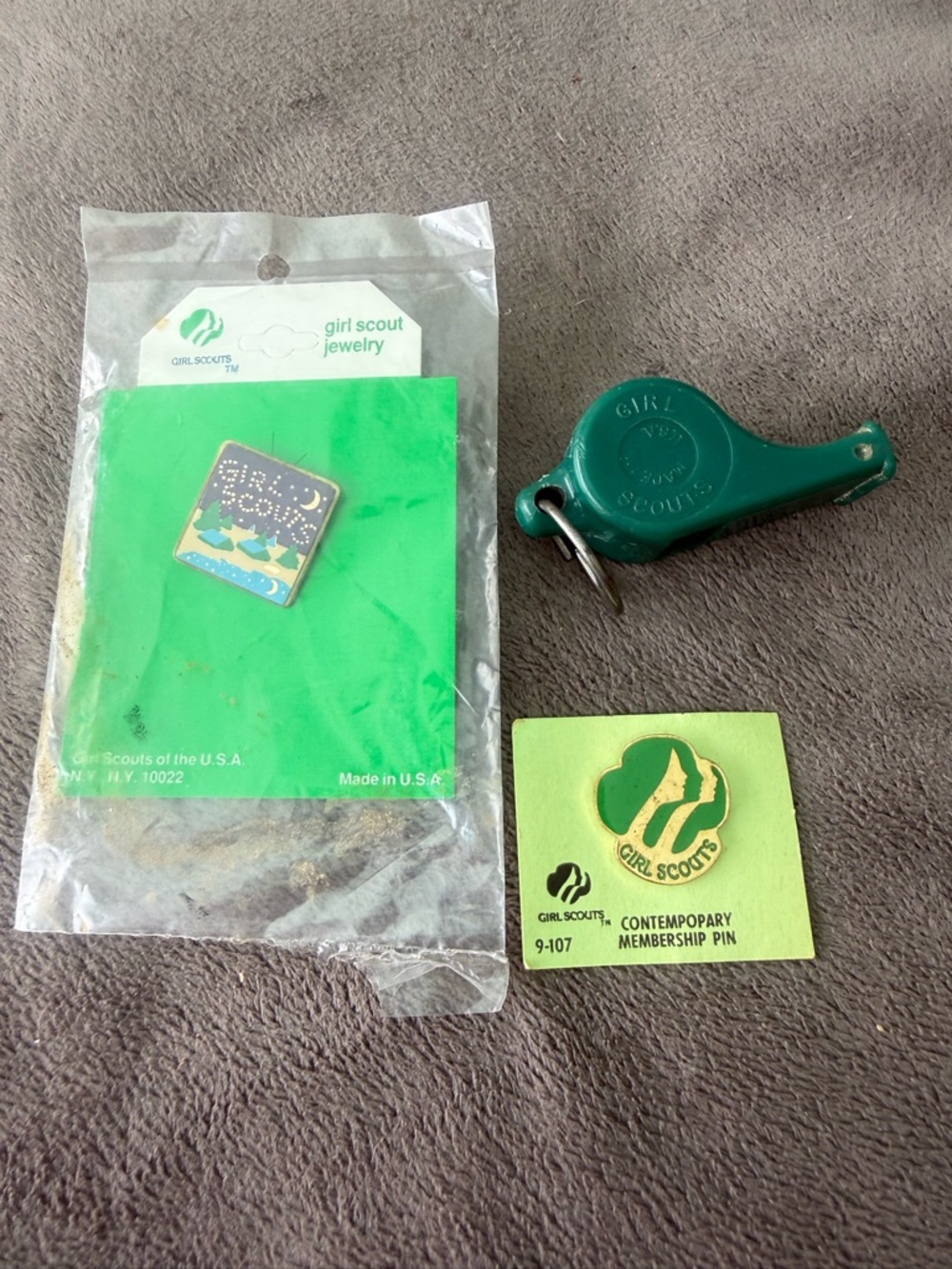 Vintage Girl Scouts Collectible Lot - Whistle & Enamel Pins Set